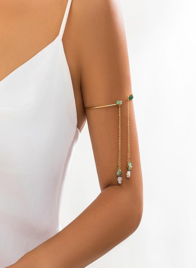 Rannyrena Vintage Natural Stone Upper Arm Cuff Colorful Gravel Pendant Armlet Bangle Long Tassel Simulated Jade Amber Amethyst Opal Bracelet Wedding Jewelry for Women (Green) - Image 3
